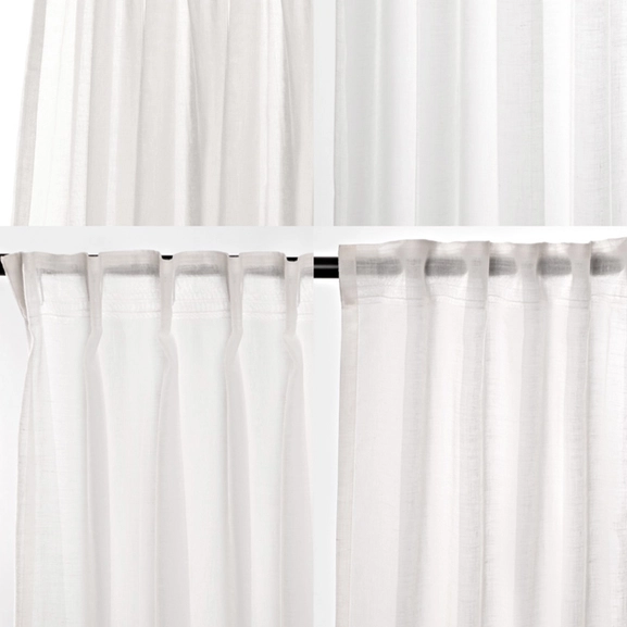 Olika upphängningssätt för vit gardin Saga