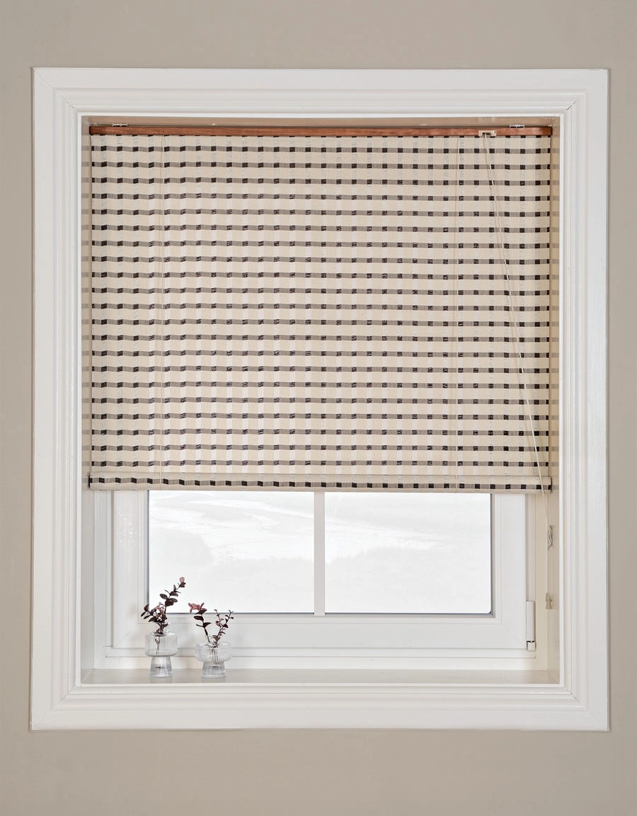 Rutig roll-upprullgardin, grå/beige