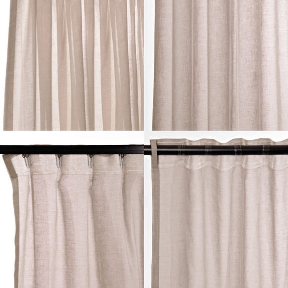 Olika upphängningssätt för beige gardin Saga