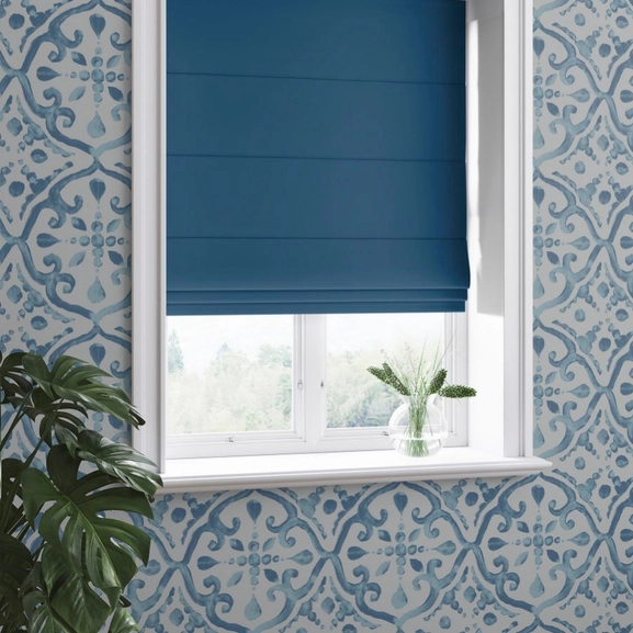 Hissgardin med lina, väv Dokie blå, måttillverkad