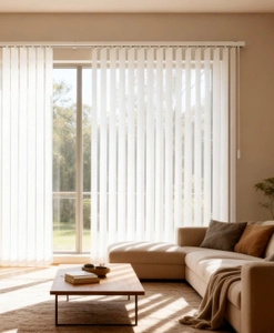 Lamellgardin med vit väggmonterad skena