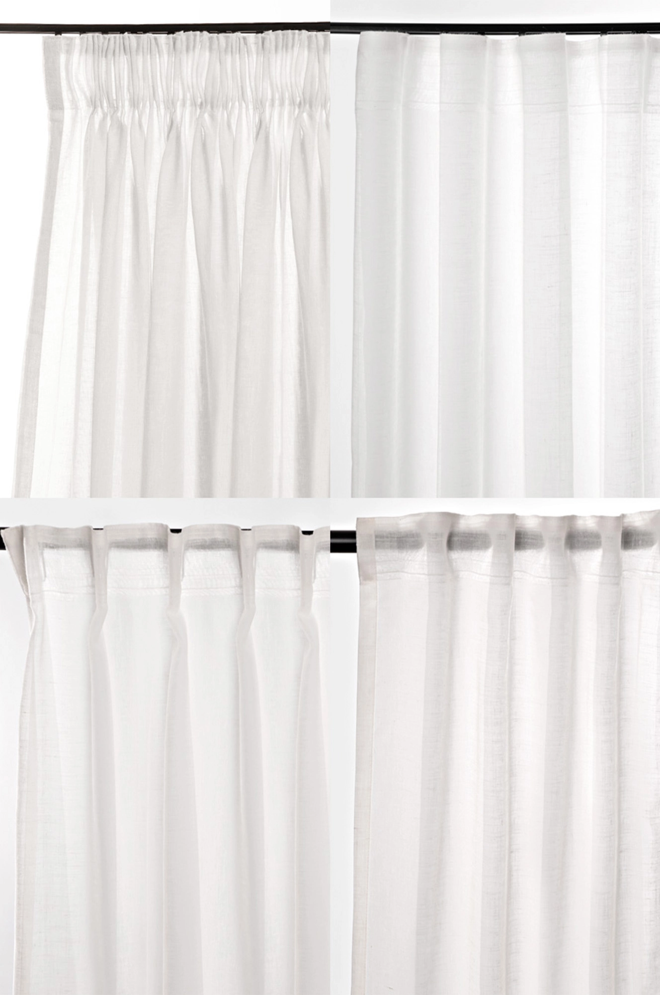 Olika upphängningssätt för vit gardin Saga