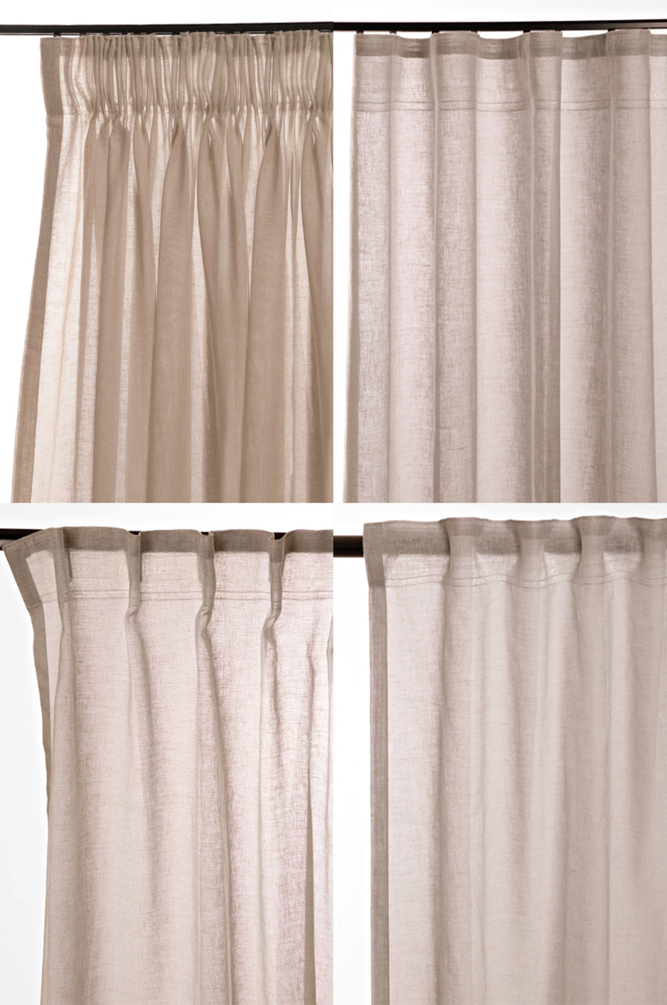 Olika upphängningssätt för beige gardin Saga