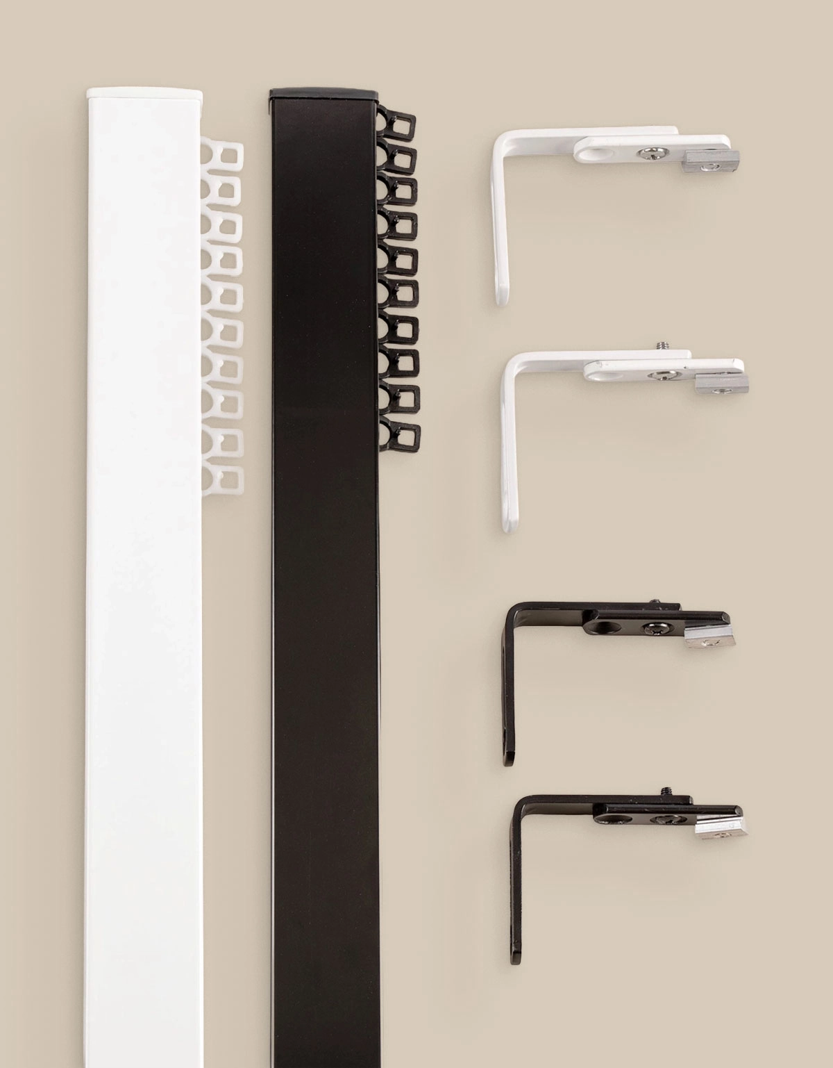 Vit och svart cabinskena med väggfästen och rullglid