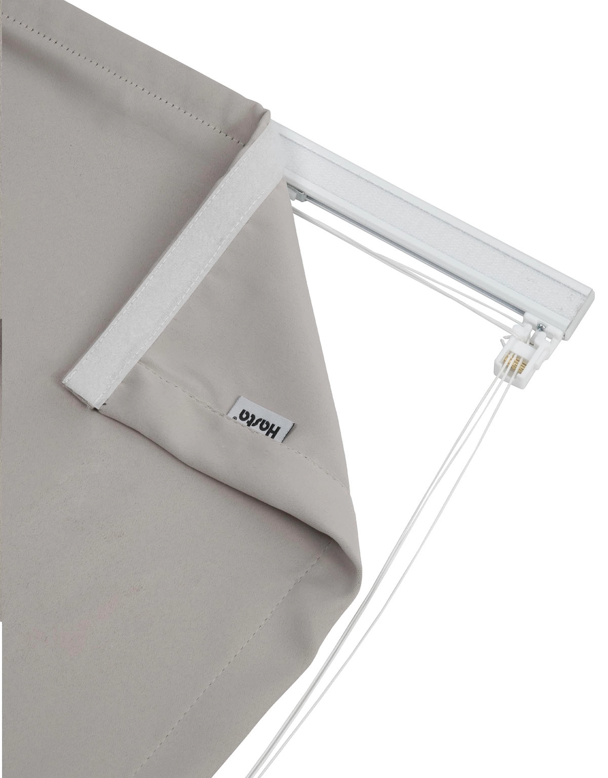 Närbild på linlås, ljusgrå hissgardin