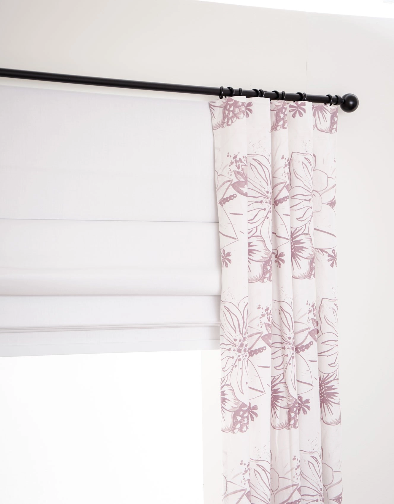 Silent Night blackout pull-up curtain and Blomma curtain