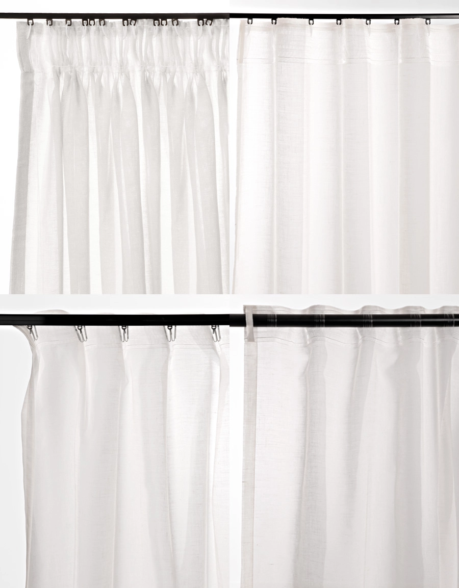 Olika upphängningssätt för vit gardin Saga