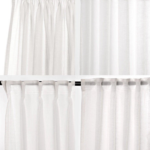 Olika upphängningssätt för vit gardin Saga