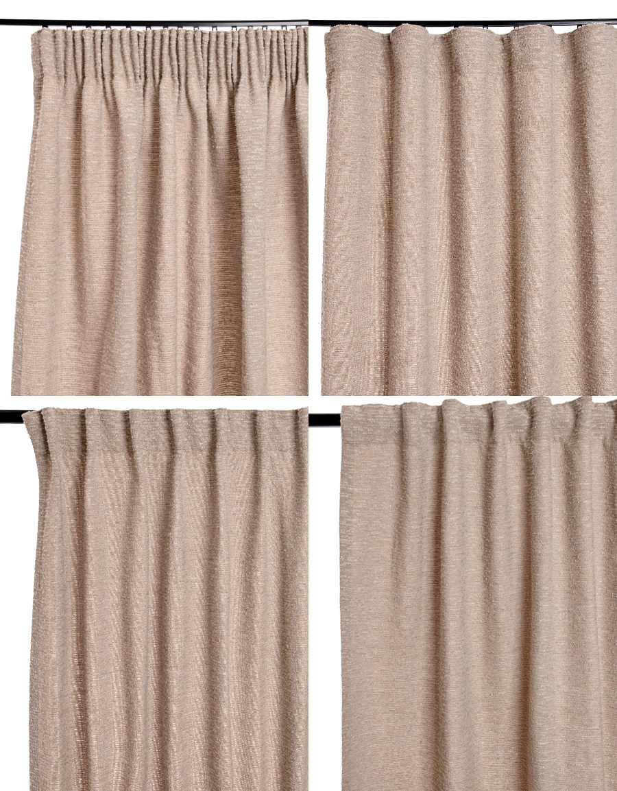 Upphängningssätt för taupefärgad bouclégardin