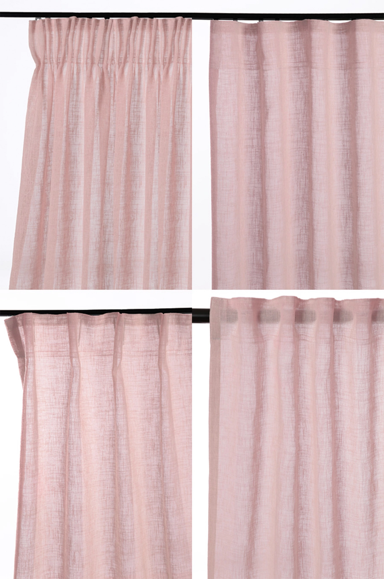 Dimrosa skir gardin i olika upphängningar