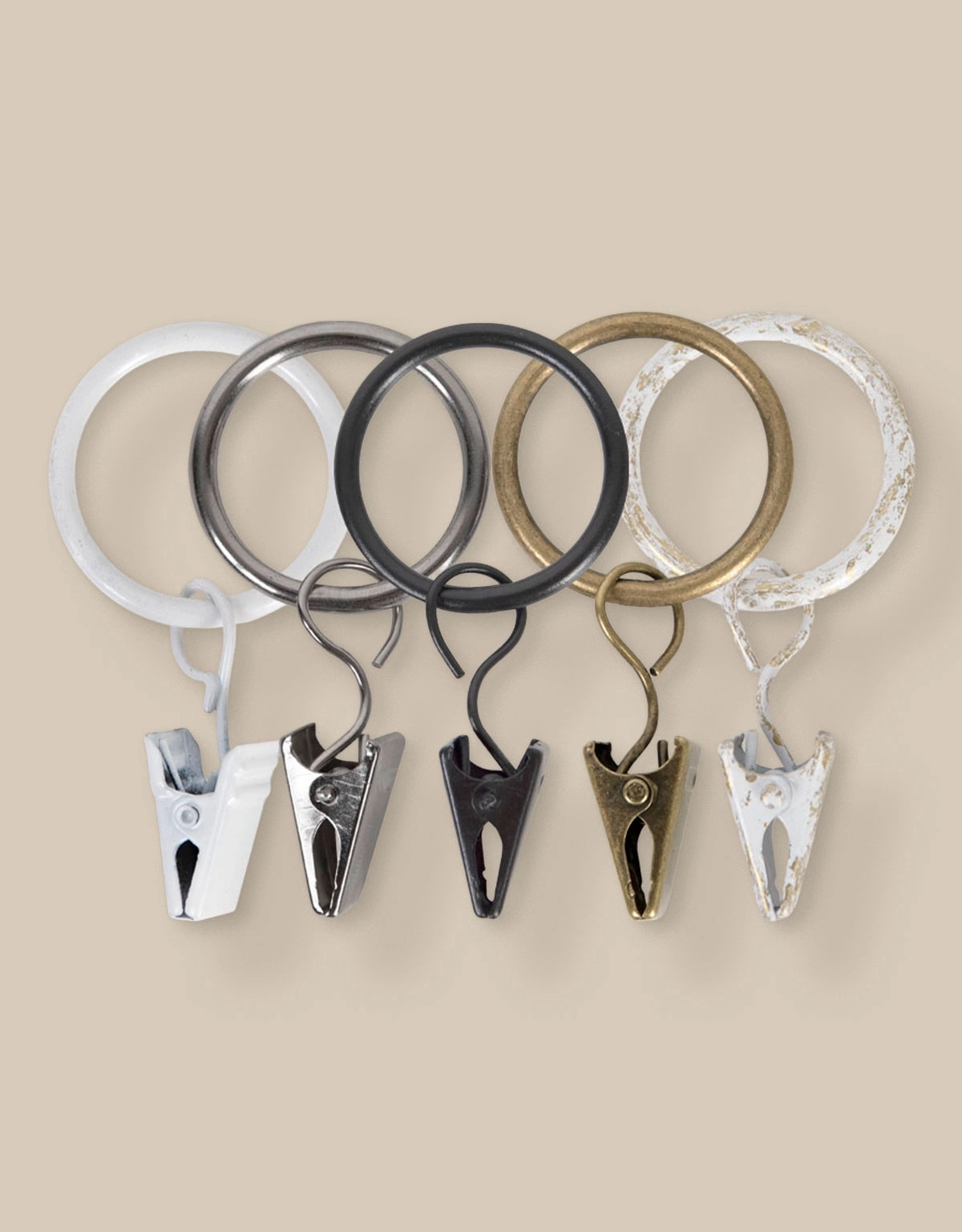 Gardinringar i flera färger med klämmor