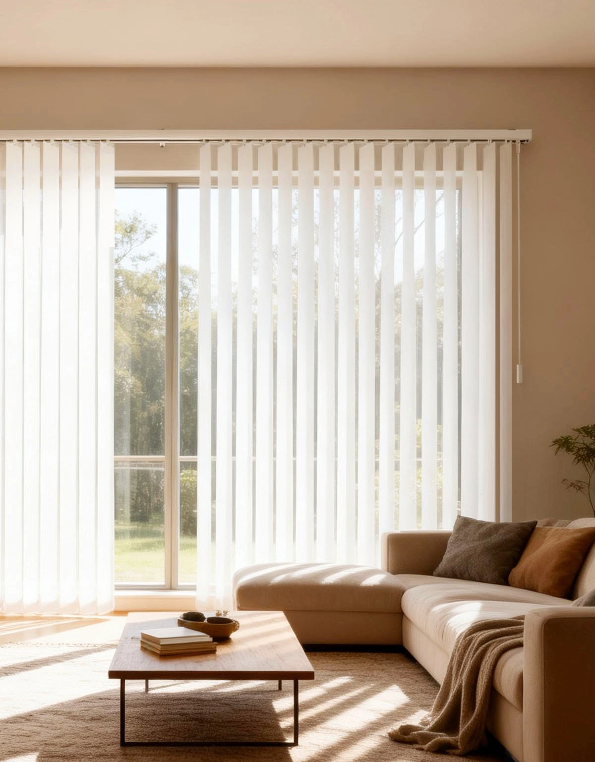 Lamellgardin med vit väggmonterad skena