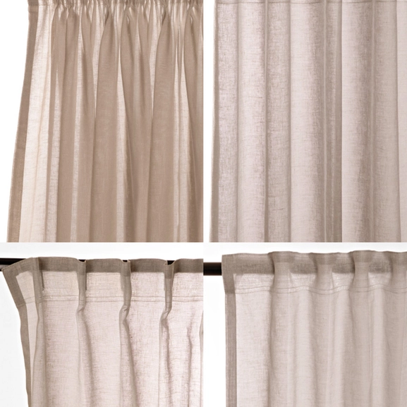 Olika upphängningssätt för beige gardin Saga