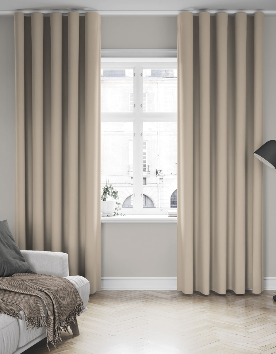Måttillverkad hotellgardin Dokie, mörkläggande 95%, beige | Hasta