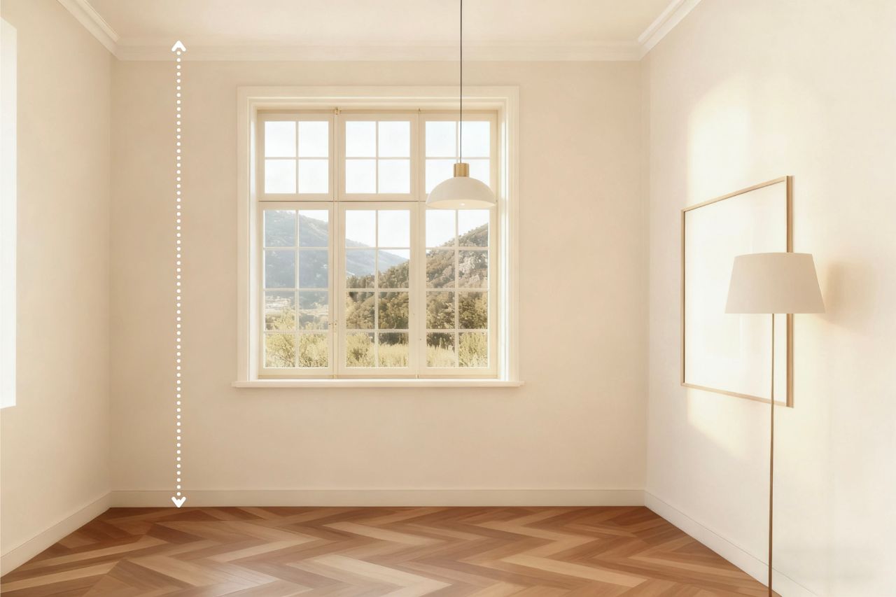 Fönster med linjer för var man ska mäta gardinhöjd